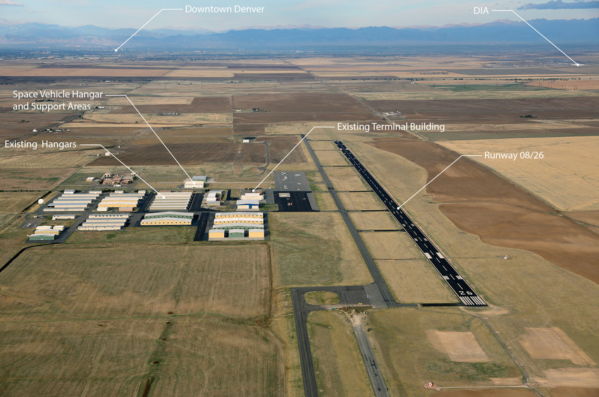An annotated aerial view of the Front Range Airport in Watkins as it currently looks. An FAA license approval has cleared the way to convert the airport into Colorados first Spaceport.